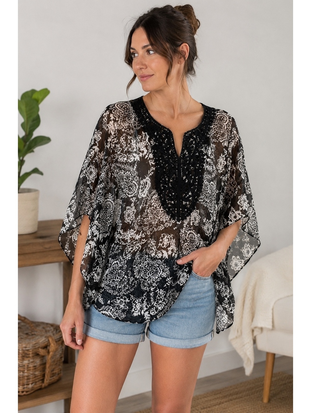 Dressbarn Sheer Floral Poncho Blouse Small Black White Crochet Trim Batwing Boho